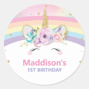 Adesivo Primeiro aniversario Cute Rainbow Unicorn Obrigado