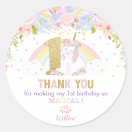 Adesivo Primeiro aniversario Cute Rainbow Unicorn Obrigado