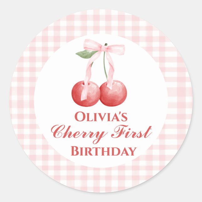 Adesivo Primeiro aniversário da Cherry Pink Arco Gingham (Frente)