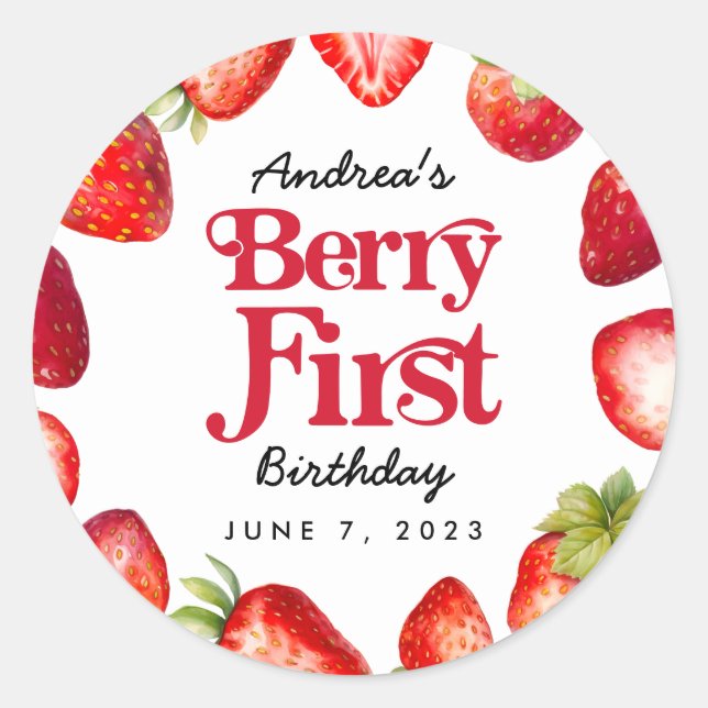Adesivo Primeiro Aniversário da Modern Strawberry Berry (Frente)