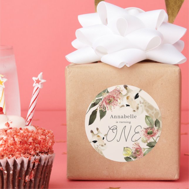 Adesivo Primeiro aniversario de Garota Floral Rosa Girafa (Festa)