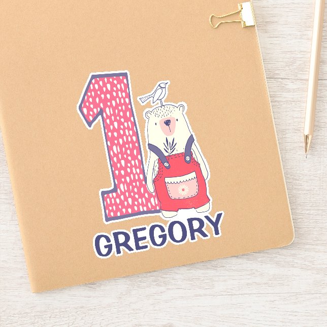 Adesivo Primeiro aniversário de urso bonito com nome (Notebook)