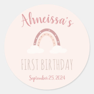Adesivo Primeiro Aniversário do Arco-Íris e Nuvens Rosa 