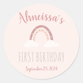 Adesivo Primeiro Aniversário do Arco-Íris e Nuvens Rosa Pa