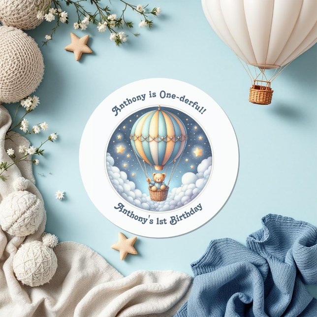 Adesivo Primeiro Aniversário do Balão de Ar Quente (One-derful Hot Air Balloon First Birthday Classic Round Sticker)