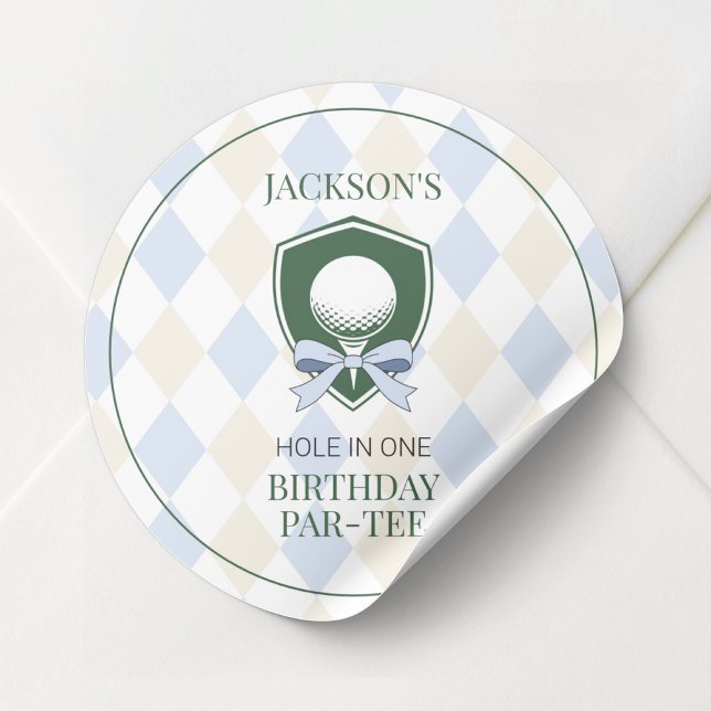 Adesivo Primeiro Aniversário do Boys Azuis Personalizados (Personalized Blue Golf Boys First Birthday Partee Classic Round Sticker)