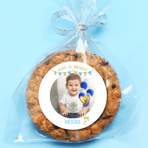 Adesivo Primeiro Aniversário do Menino Foto Balão Azul Dou