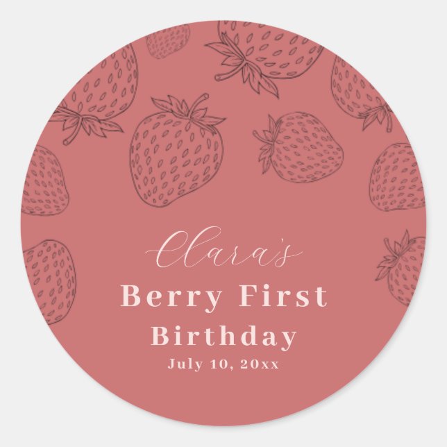 Adesivo Primeiro Aniversário do Morango Pink Handrawing (Frente)