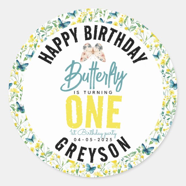 Adesivo Primeiro aniversario Floral de Borboleta Whimsic (Frente)