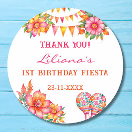 Adesivo Primeiro aniversario Floral Fiesta Rosa Obrigado