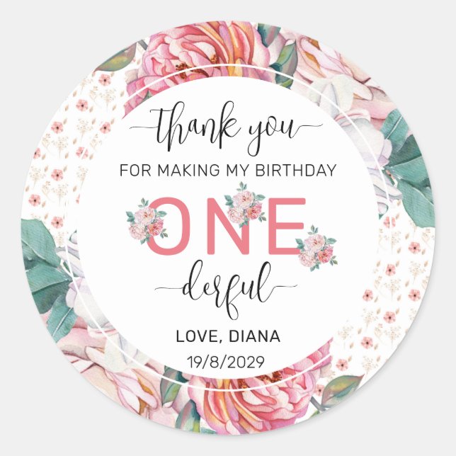 Adesivo Primeiro aniversario Floral Rosa (Frente)