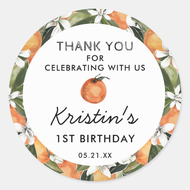 Adesivo Primeiro aniversario Laranja Cutie - Obrigado (Frente)