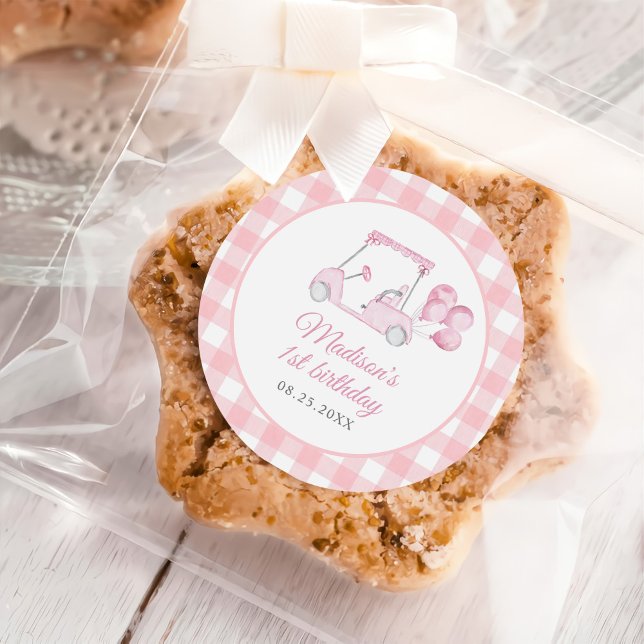 Adesivo Primeiro aniversario Rosa Gingham Golf Girl (Criador carregado)