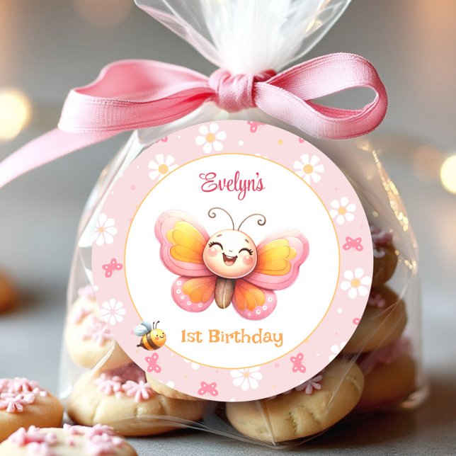 Adesivo Primeiro aniversario Rosa Rosa-Butterfly (Cute Butterfly Pink Floral Girl 1st Birthday Classic Round Sticker)