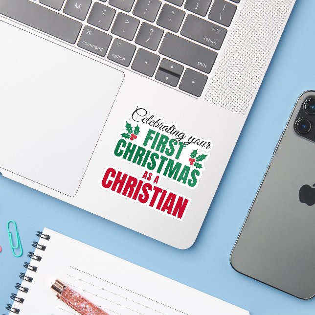 Adesivo PRIMEIRO NATAL COMO CRISTÃO para novo crente (Notebook com iPhone)