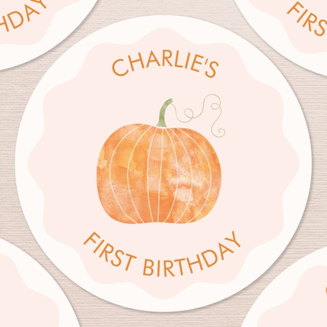 Adesivo Primeiro primeiro aniversario Personalizado de out (Cute watercolor pumpkin autumn fall personalized first birthday stickers)