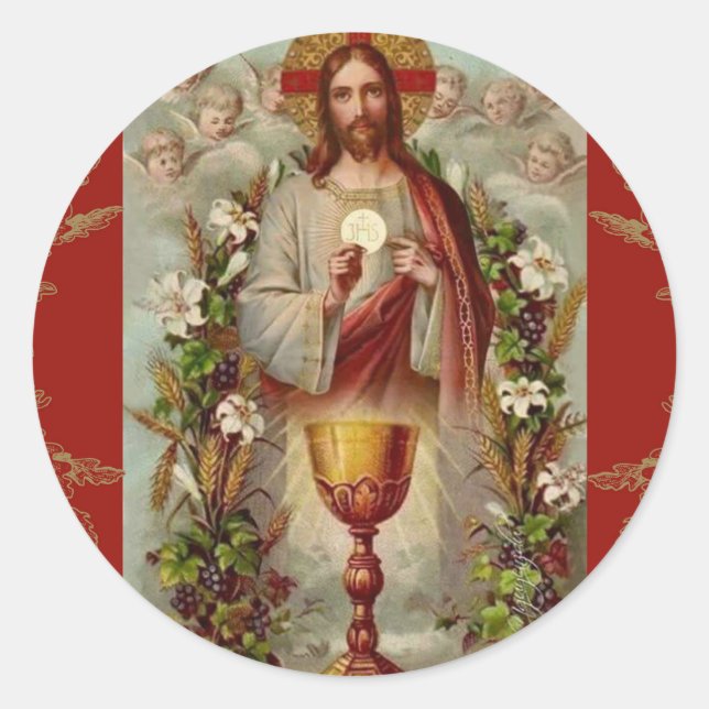 Adesivo Primeiro Sagrado Comunhão Jesus Chalice Flores (Frente)