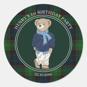 Adesivo Primeiro ursinho Beary urso verde xadrez favor de
