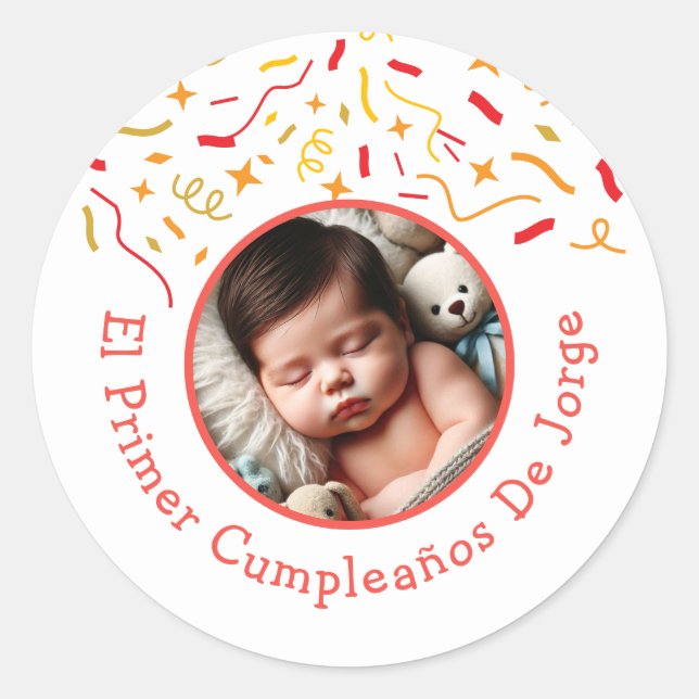 Adesivo Primer Cumpleaños de Bebé Fiesta Infantil Con Foto (Frente)
