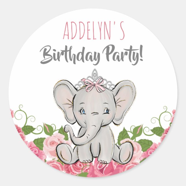Adesivo Princesa Tiara Elefante Flores Rosa Aniversário (Frente)