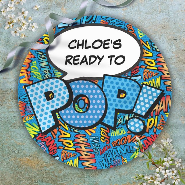 Adesivo Pronta para POP Blue Comic Book Chá de fraldas Spr (Ready to POP Blue Comic Book Baby Shower Sprinkle Classic Round Sticker)