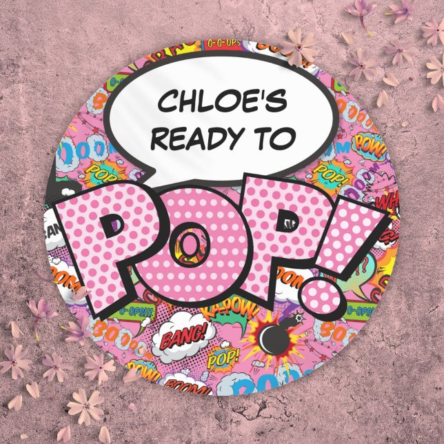 Adesivo Pronta para POP, Chá de fraldas de livros de banda (Ready to POP Comic Book Baby Shower Sprinkle Pink Classic Round Sticker)