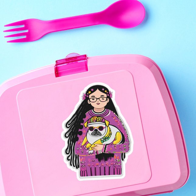 Adesivo Pug Adorável e Uma Rapariga Com Cabelo Longo (Criador carregado)