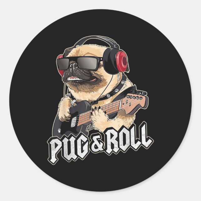Adesivo Pug And Roll Cute Rockstar Guitar Rockin Music Sin (Frente)