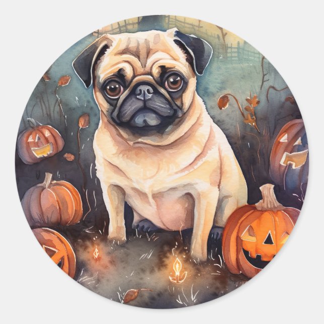 Adesivo Pug De Halloween Com Pumpkins Assustado (Frente)