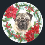 Adesivo Pug Dog Poinsettia Holly Christmas Wreath<br><div class="desc">Estes adesivos bonito de Feriado têm uma imagem vintage de uma morango sagrada e coroa vermelha de poinsettia. No centro está um belo retrato aquoso de um Pug. Perfeito para sua correspondência de Natal ou pacotes de presentes!</div>