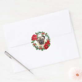 Adesivo Pug Dog Poinsettia Holly Christmas Wreath