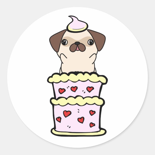 Adesivo Pug engraçado pulando de um bolo (Frente)