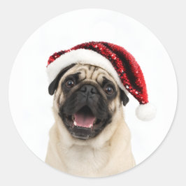 Adesivo Pug Feliz Usando Chapéu Vermelho de Natal Brilhant