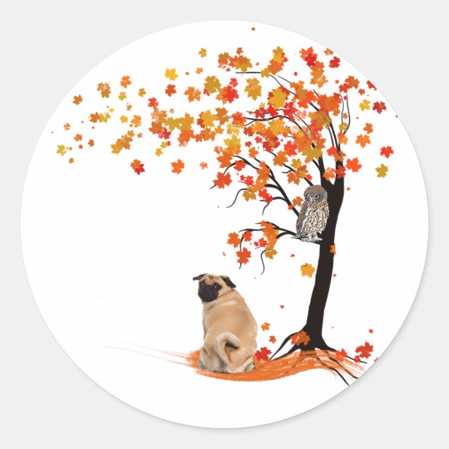 Adesivo Pug Owl E Fall Tree Pug Proprietário Funny Pug Aut (Frente)