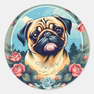 Adesivo Pug Playful Dog Retrato Com Flores