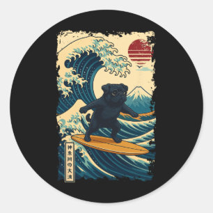 Adesivo Pug Preto Onda Japonesa Kanagawa Surfando Japão Ma