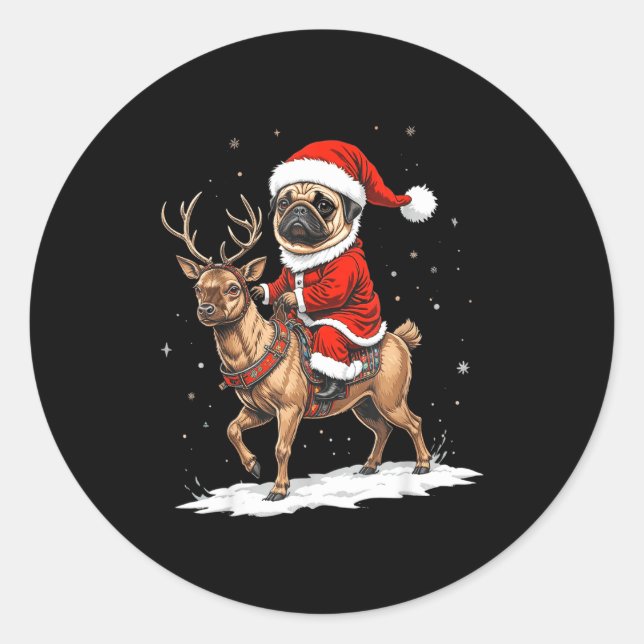Adesivo Pug Santa Riding Reindeer Christmas Holiday Puppy  (Frente)