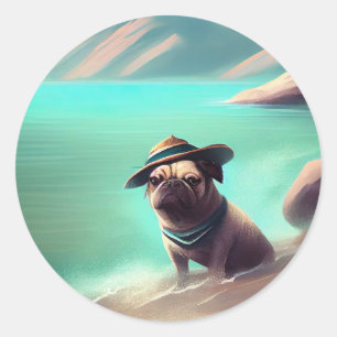 Adesivo Pug se divertindo na pintura artística da praia