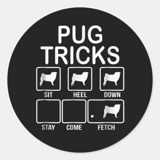 Adesivo Pug Tricks Sit, Heel, Down, Fique, Venha, Busca (Frente)