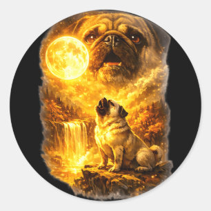 Adesivo Pug uivando para a lua floresta épica fantasia 