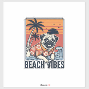 Adesivo Pug Vibrações da Praia Design de Gravura Vintage_1