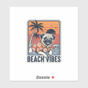 Adesivo Pug Vibrações de Praia Design de Gravura Vintage_1