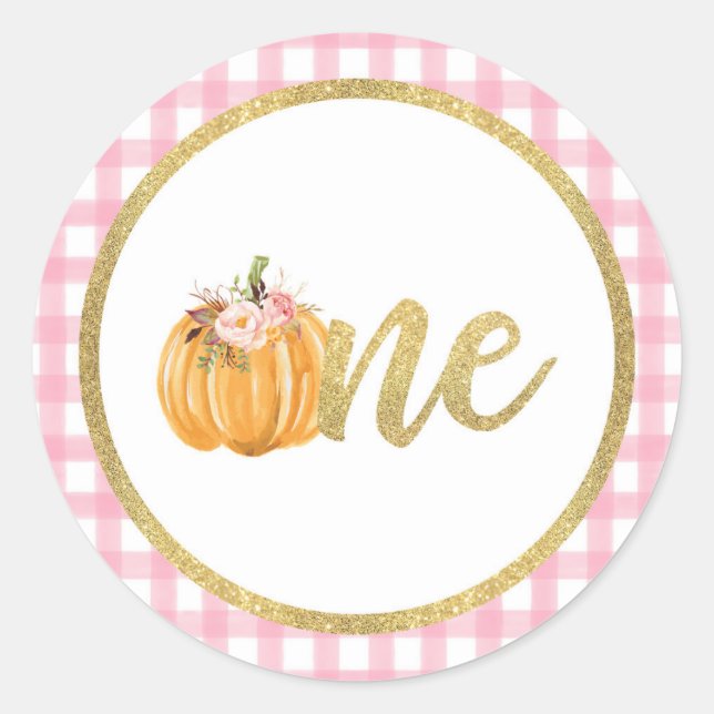 Adesivo Pumpkin First Birday Sticker - Xadrez rosa (Frente)