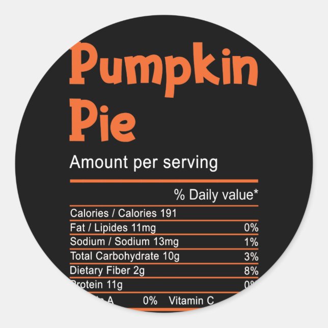 Adesivo Pumpkin Pie Nutrition Thanksgiving Christmas (Frente)