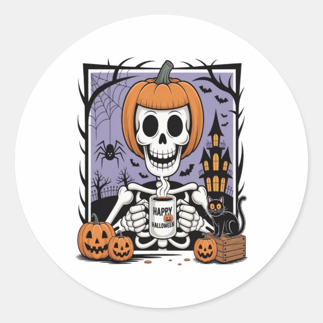 Adesivo Pumpkin Skeleton Bebendo Café (Frente)