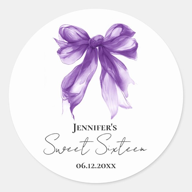 Adesivo Purple Bow Coquette Script Sweet 16 Party  (Frente)