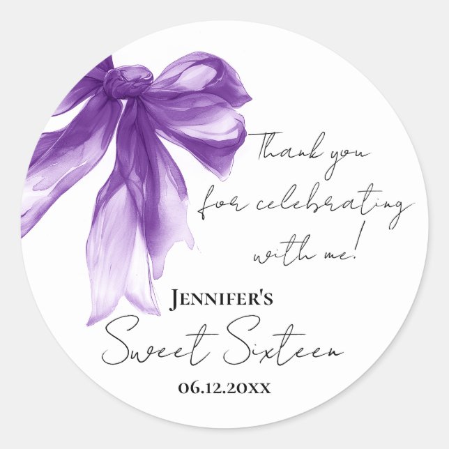 Adesivo Purple Bow Coquette Script Sweet 16 Thank You  (Frente)