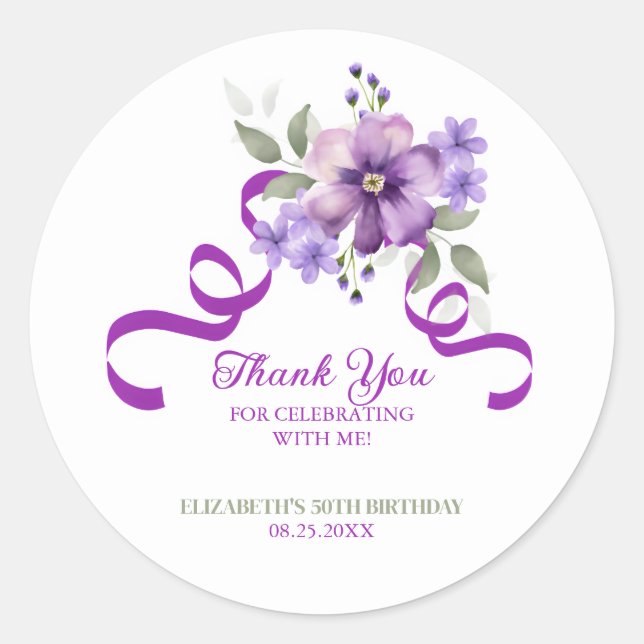 Adesivo Purple Flower Greenery Ribbon Birthday (Frente)