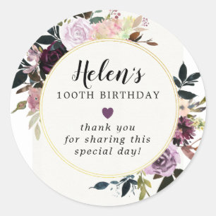 Adesivo Purple Mauve Pink Floral 100º Aniversário Obriga