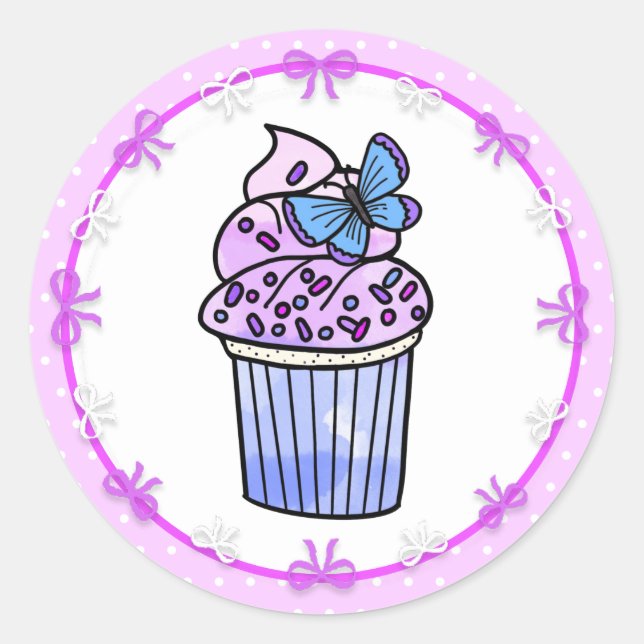 Adesivo Purple Polka Dot Cupcake and Butterfly Birthday (Frente)